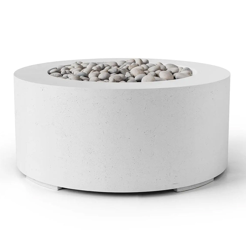 Light gray round concrete gas fire pit with a stone-filled fire bowl