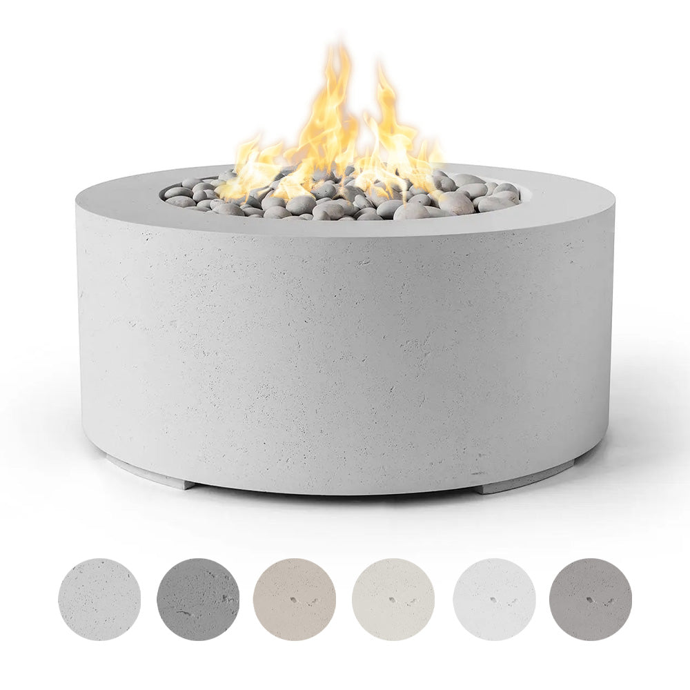 Light gray round concrete gas fire pit with flames and smooth stones