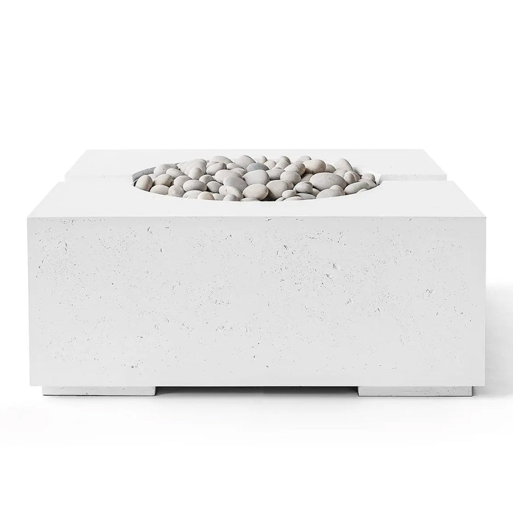 Square lightweight concrete gas fire pit with gray pebble rocks, no flame