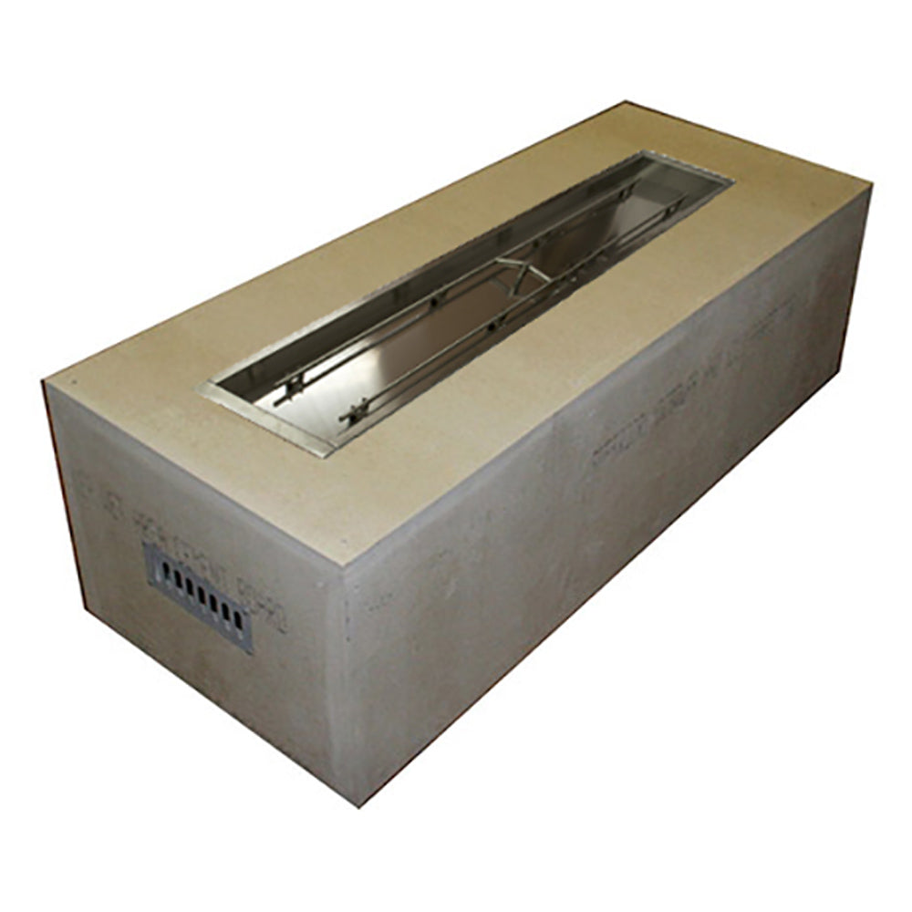 Rectangular unfinished fire pit enclosure with burner cutout and metal base