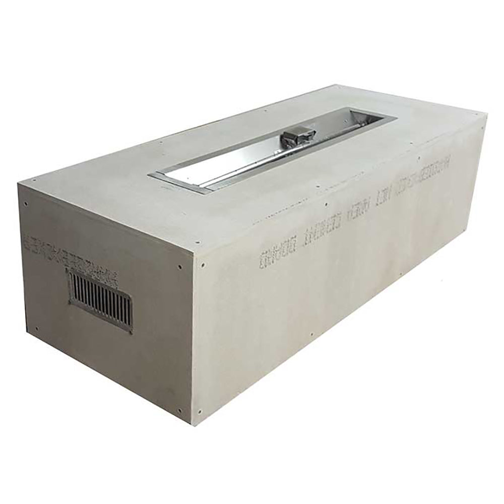 Metal fire pit enclosure with top rectangular opening and installed burner insert