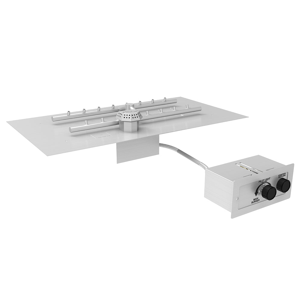 Gas fire pit burner kit with flat pan, H-shaped burner, and ignition control box