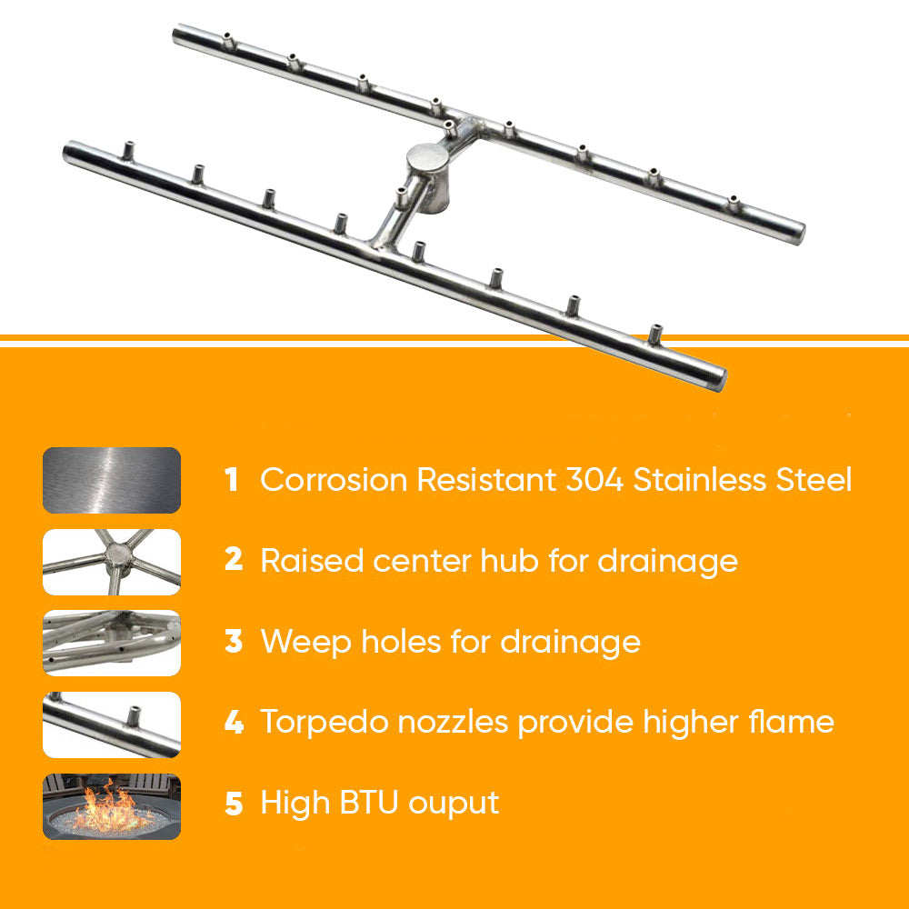 Stainless steel burner bar with torpedo nozzles and center hub for drainage
