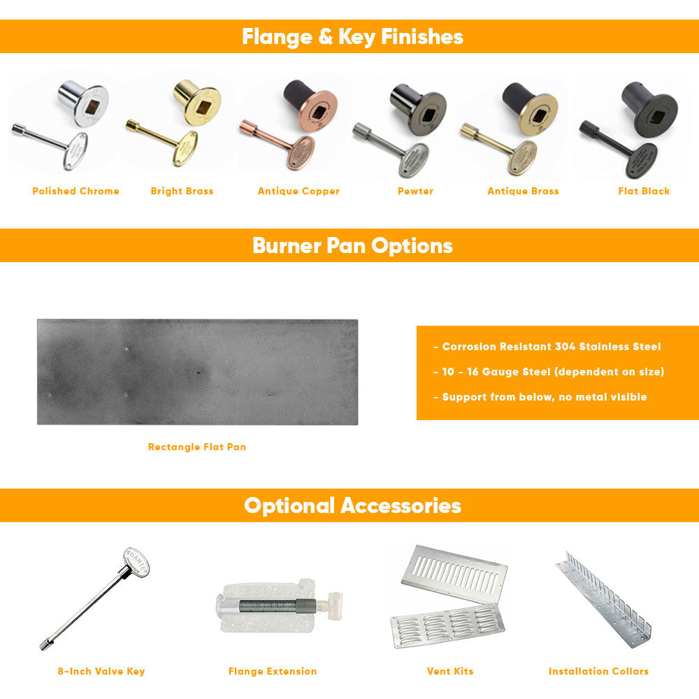 Burner pan flange and key finish samples with burner pan options and accessories