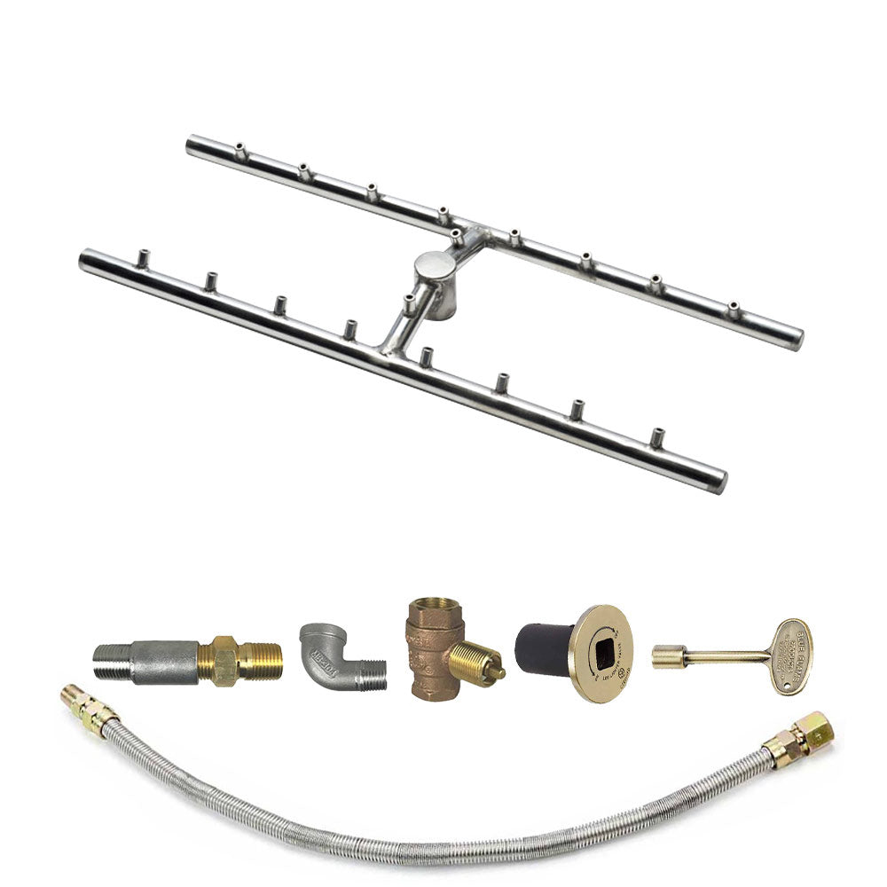 Stainless steel fire pit burner bar kit with torpedo nozzles and brass fittings