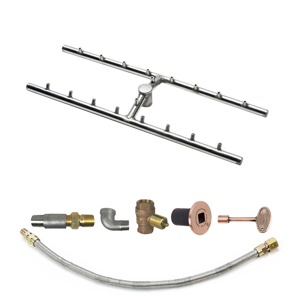 Rectangular fire pit burner bar kit with rose gas control plate and brass fittings