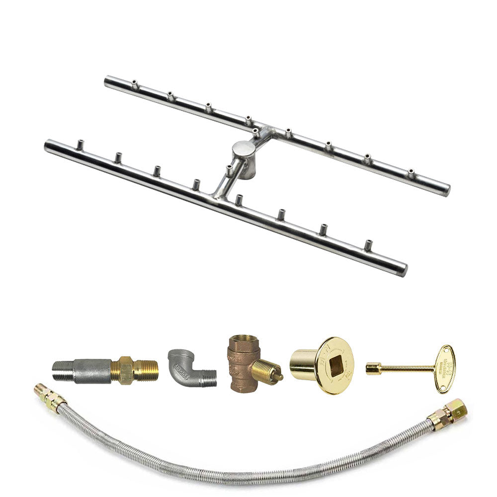 Rectangular fire pit burner bar kit with gold gas control plate and brass fittings