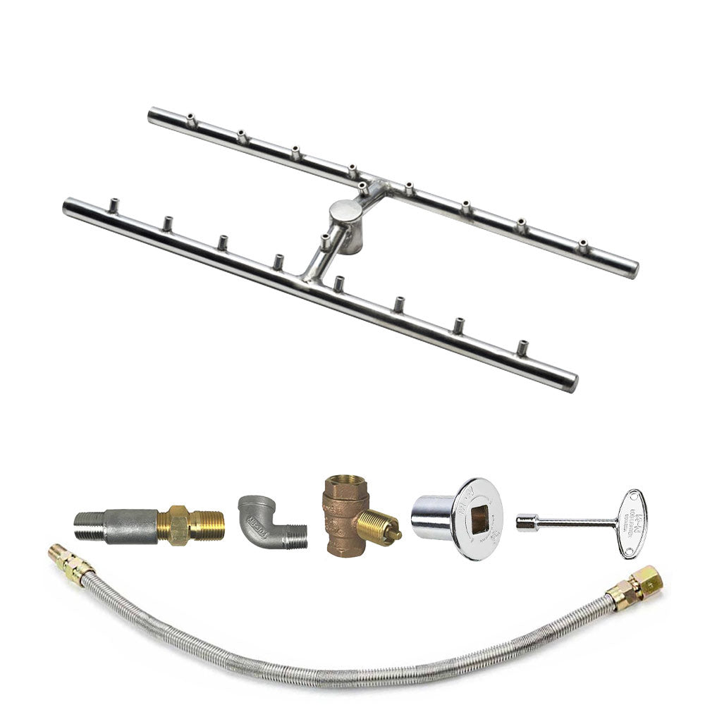 Rectangular fire pit burner bar kit with silver gas control plate and brass fittings