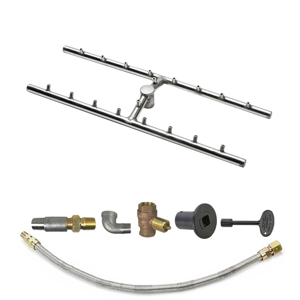 Rectangular fire pit burner bar kit with black gas control plate and brass fittings