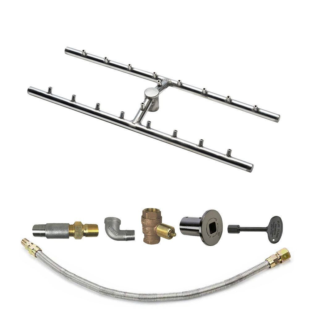Rectangular fire pit burner bar kit with black control plate and flexible gas hose