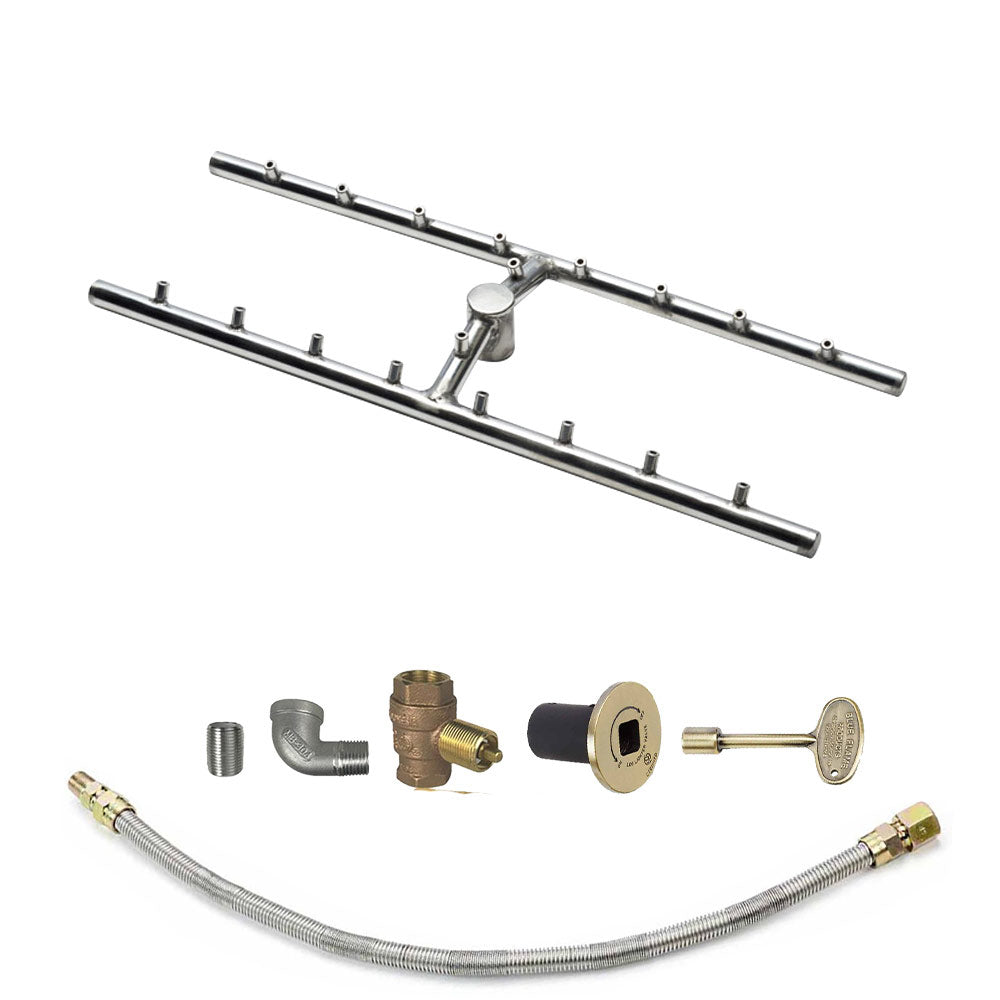 Fire pit burner tube kit with stainless manifold, brass fittings, and braided gas hose