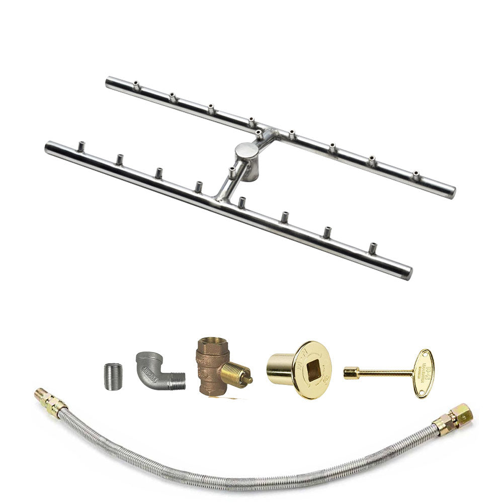 Fire pit burner tube kit with stainless manifold, gold regulator, and braided gas hose