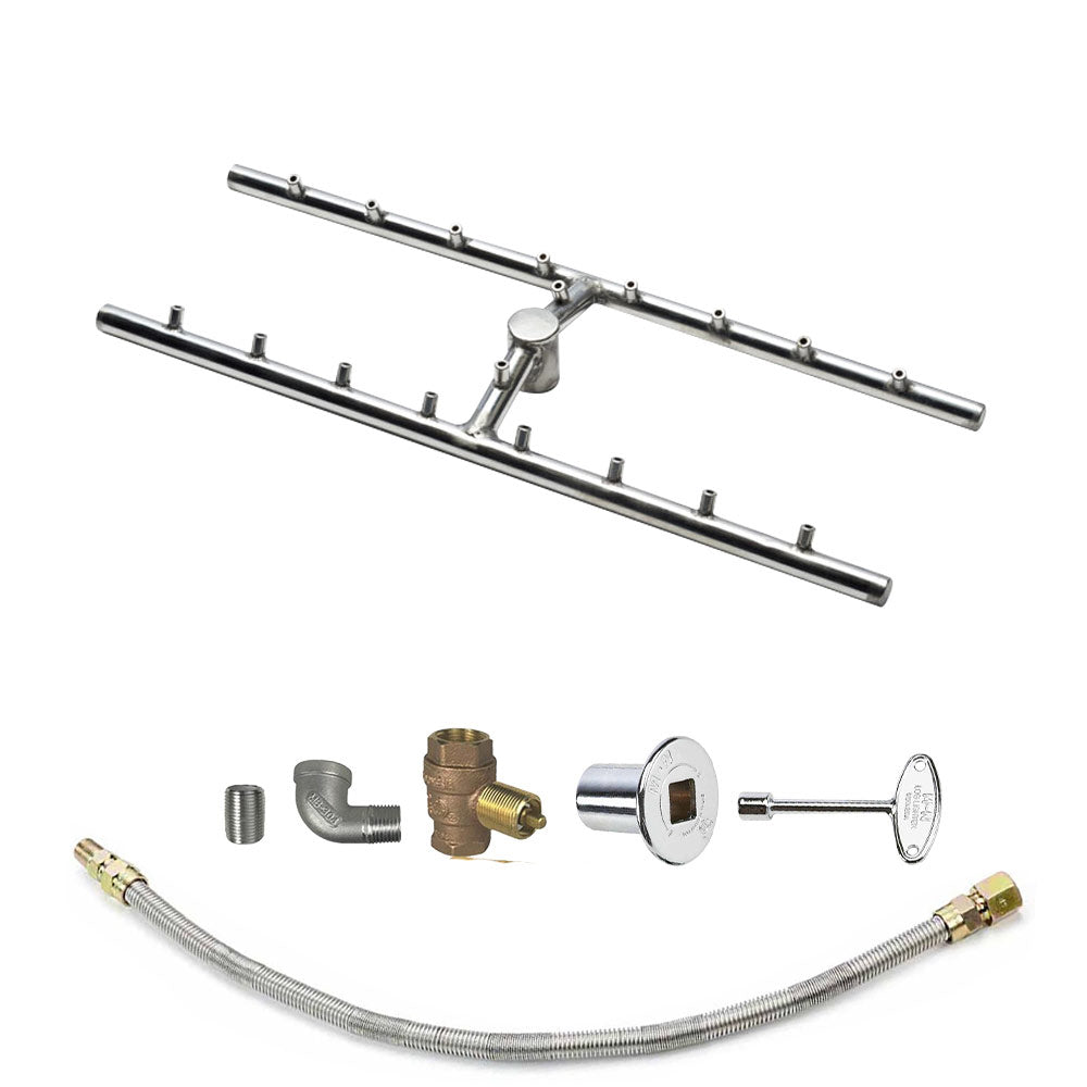 Fire pit burner tube kit with stainless manifold, silver regulator, and braided gas hose