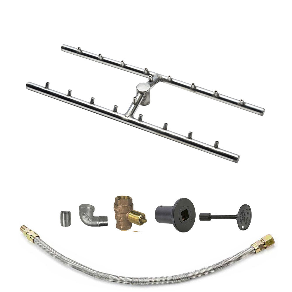 Fire pit burner tube kit with stainless manifold and black regulator, plus braided gas hose