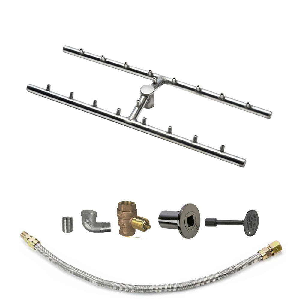 Fire pit burner tube kit with stainless manifold, brass valve, and braided gas hose
