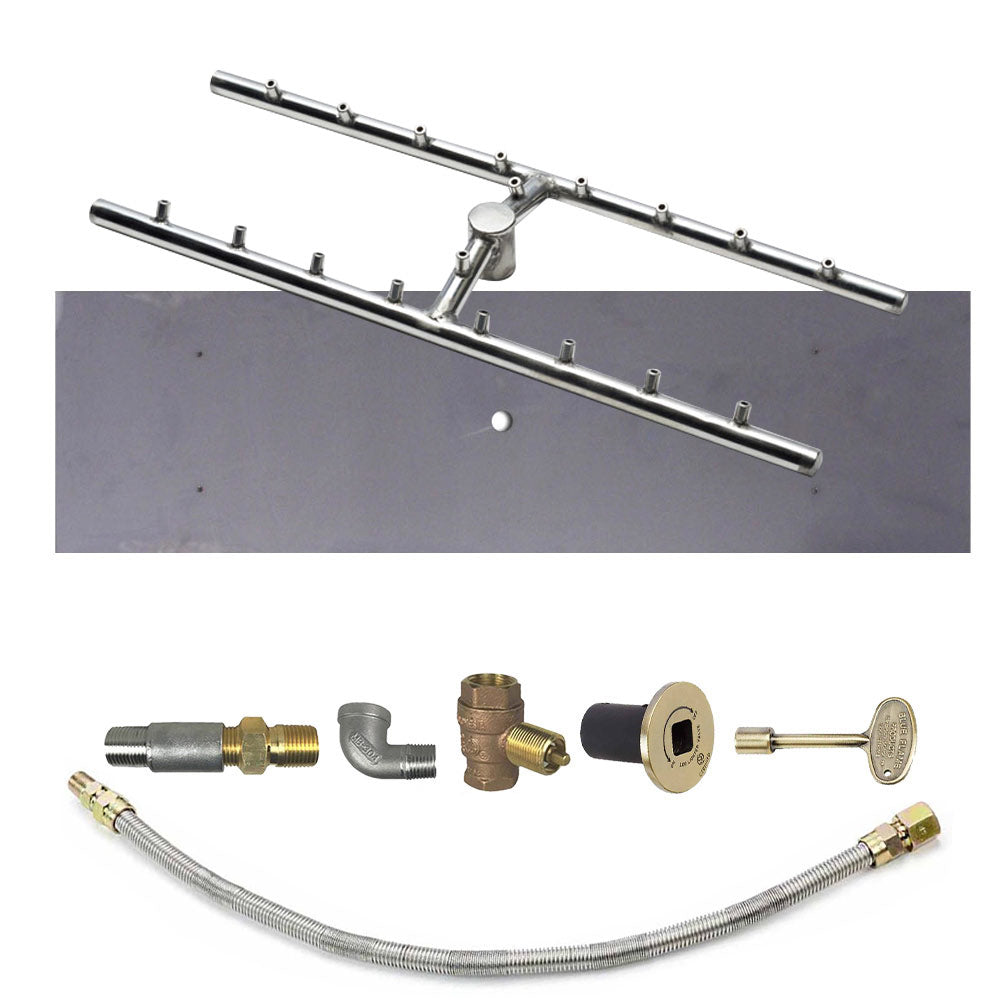 Fire pit burner bar kit with flexible gas line, brass fittings, and ignition valve