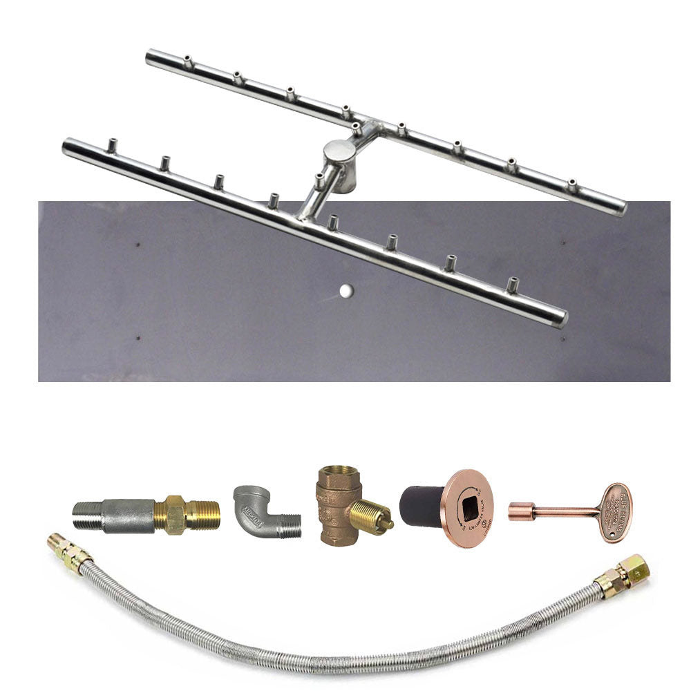 Fire pit burner bar kit with flexible gas line, copper and brass fittings, ignition valve