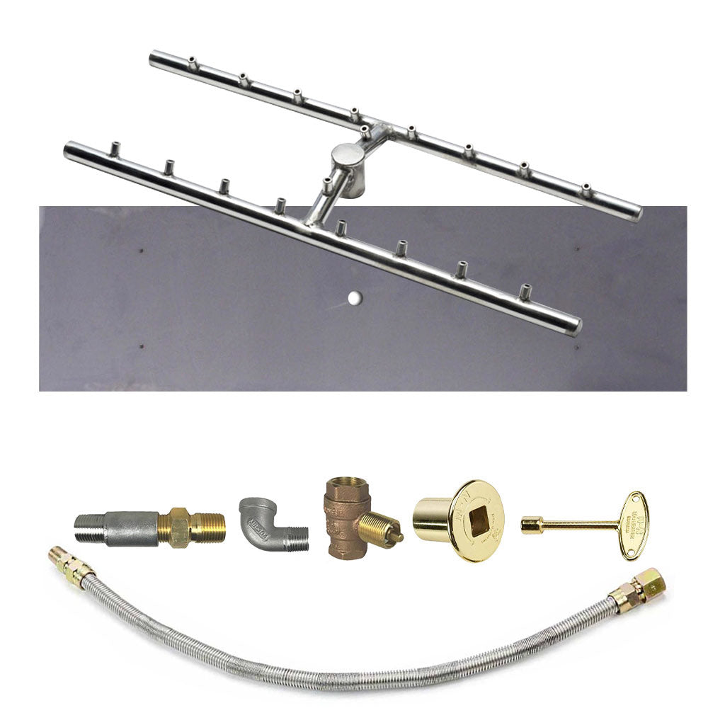 Fire pit burner bar kit with flexible gas line and brass ignition valve with plate