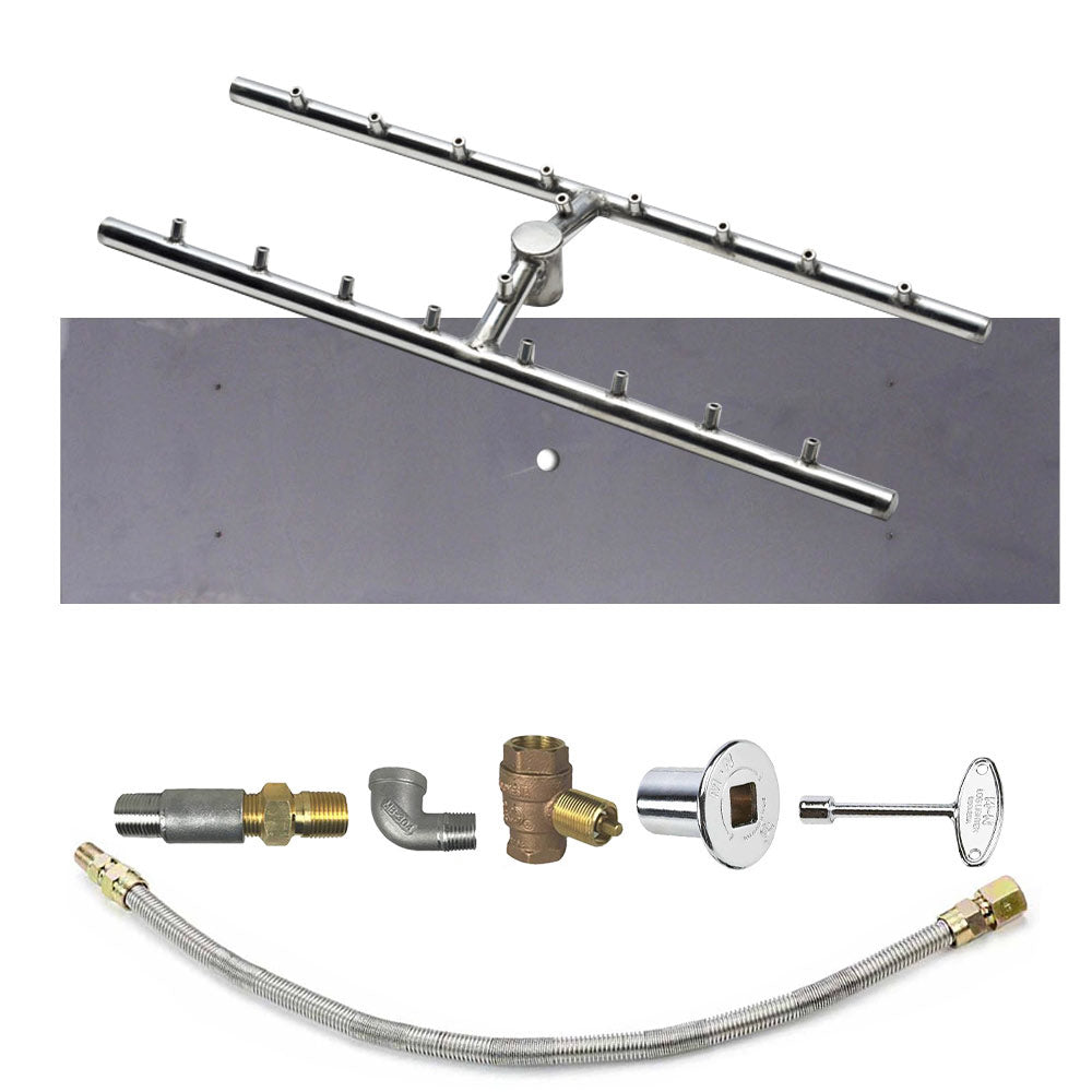 Fire pit burner bar kit with flexible gas line and silver ignition valve plate