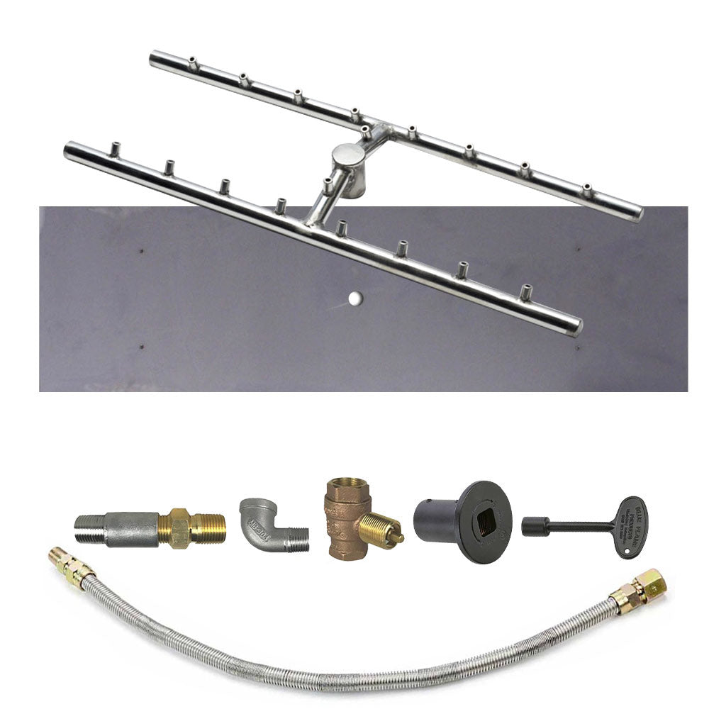 Rectangular fire pit burner bar kit with stainless manifold and brass gas fittings