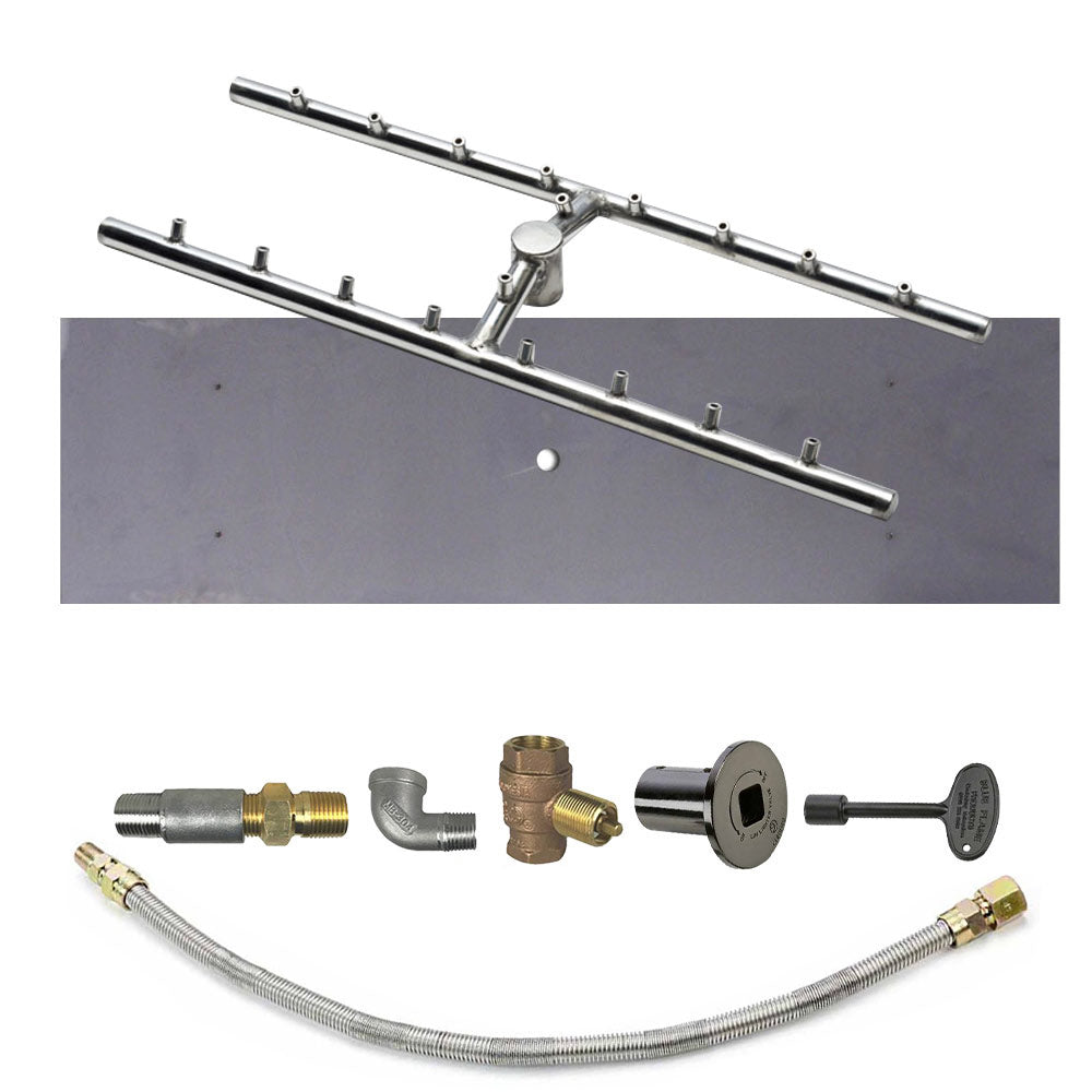 Rectangular fire pit burner bar kit with brass fittings and black control burner plate