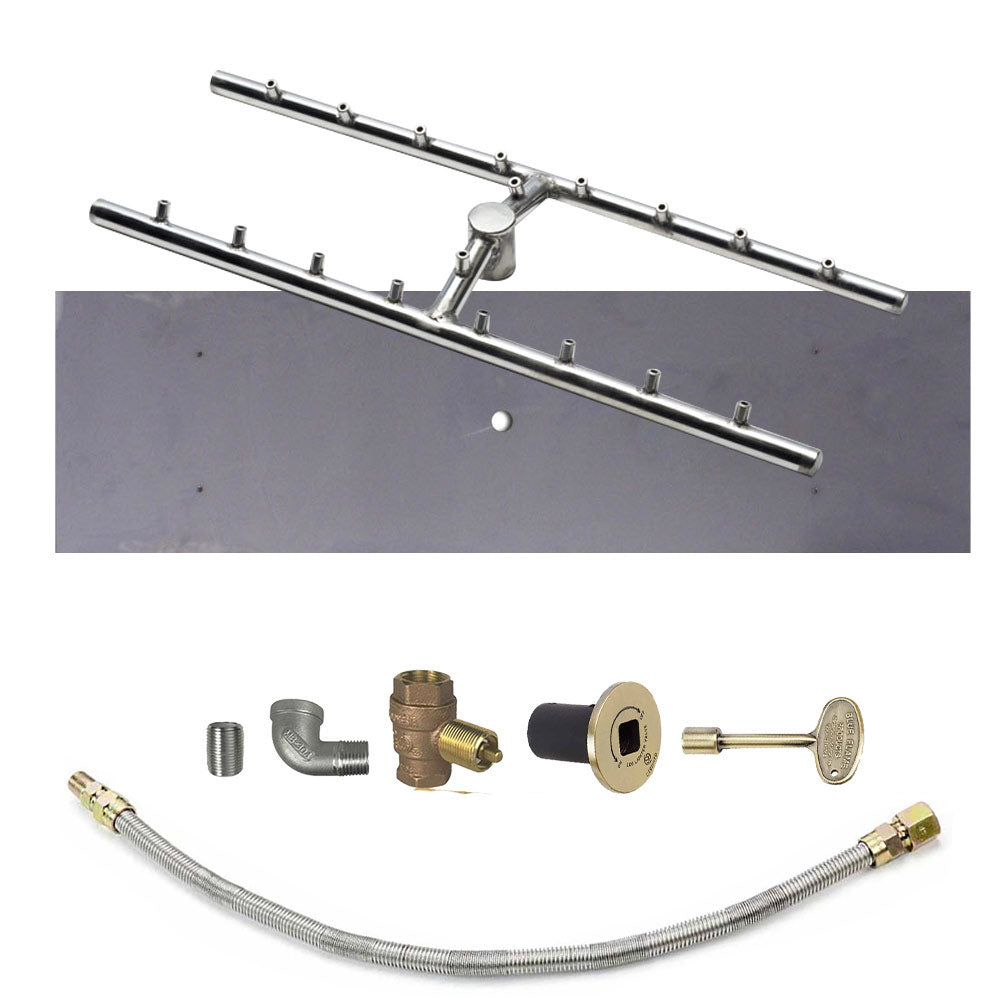 Rectangular fire pit burner bar kit with brass fittings and black control plate