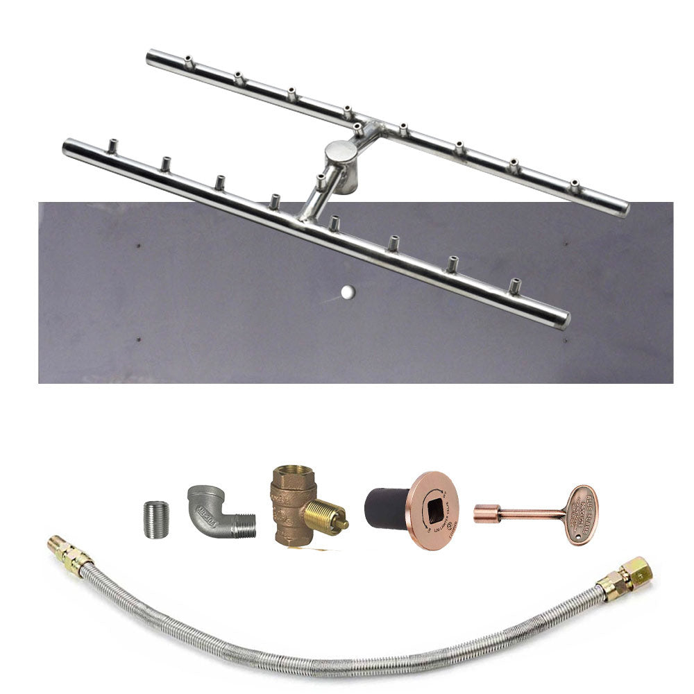 Rectangular fire pit burner bar kit with rose gas control plate and brass fittings