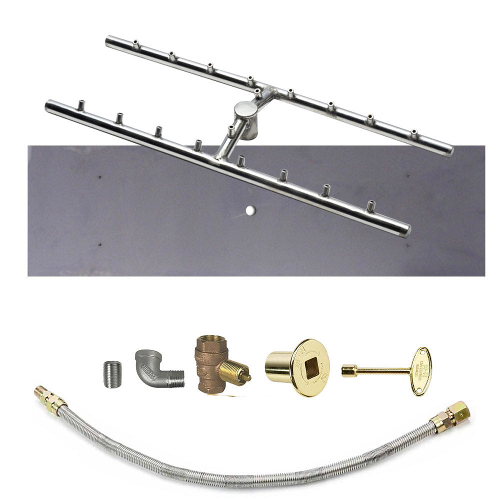 Rectangular fire pit burner bar kit with gold control plate and brass gas fittings