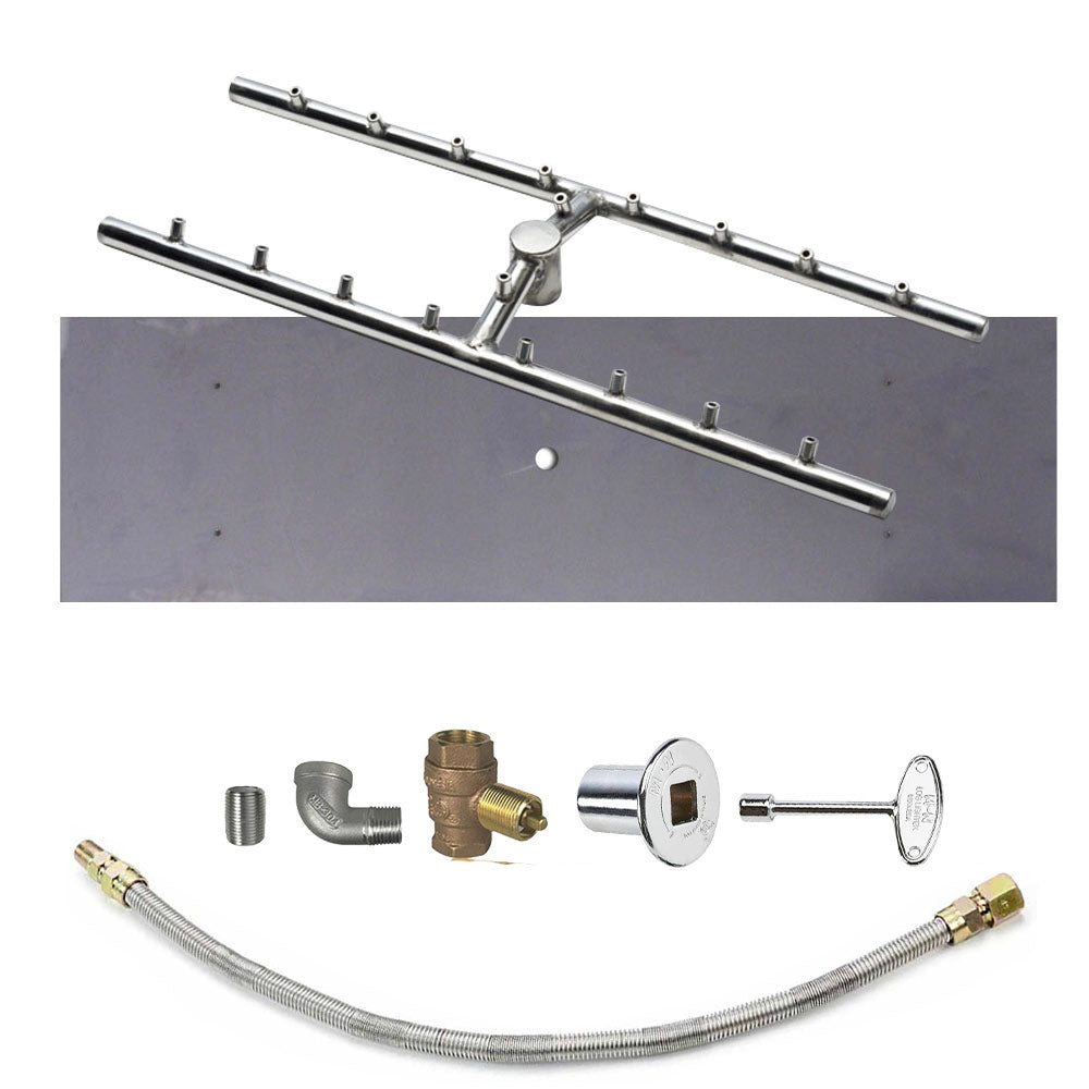 Fire pit burner tube kit with stainless rods, valve, and braided gas hose