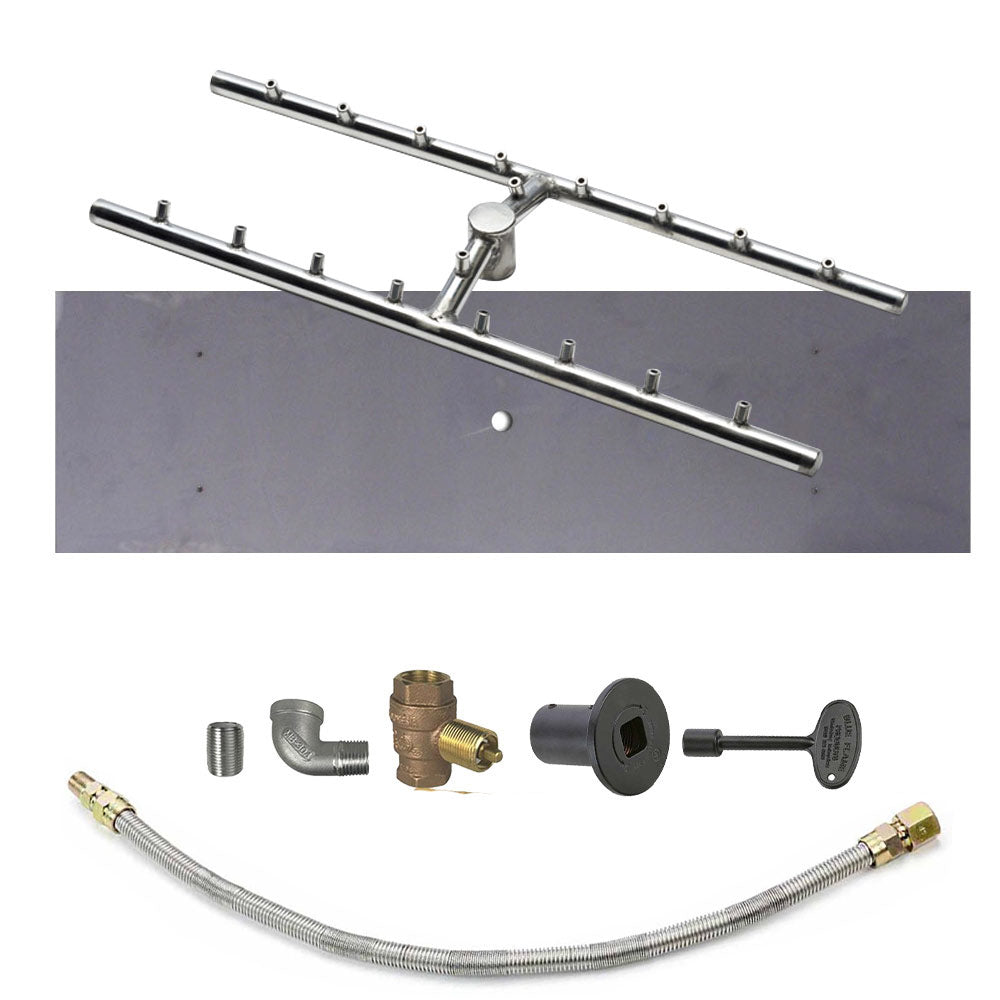 Fire pit burner tube kit with stainless rods, brass valve, and braided gas hose
