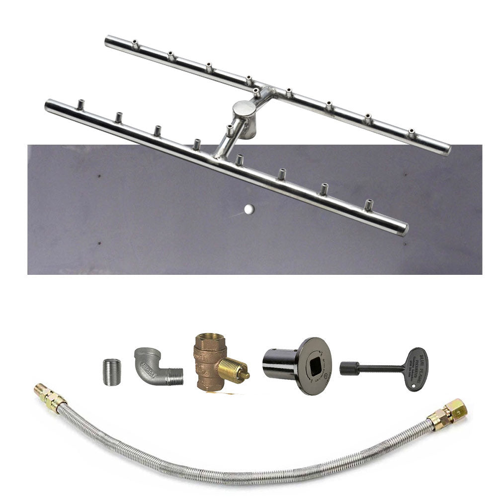 Fire pit burner tube kit with stainless rods, brass fittings, and braided gas hose