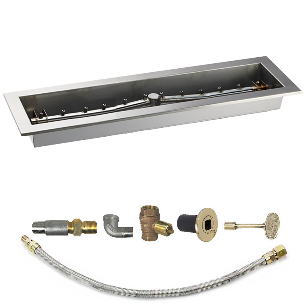 Linear fire pit burner trough kit with burner manifold and gas connection hoses