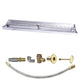 Linear gas fire pit burner kit with metal trough and brass-tone connection components
