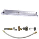 Linear trough burner kit with silver manifold, brass and gray connectors, gas line