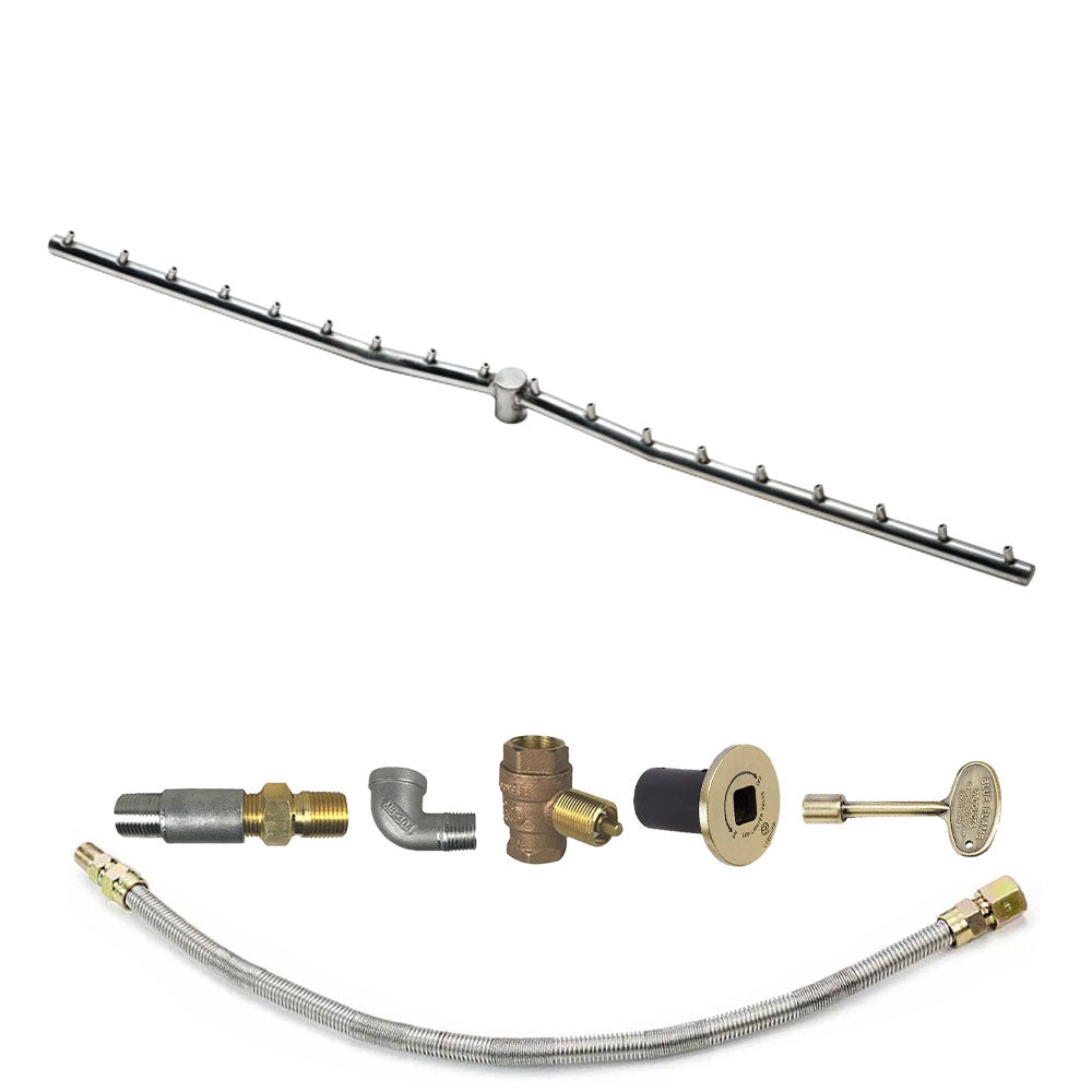 Linear fire pit burner kit with long metal burner bar and gas hose with brass fittings
