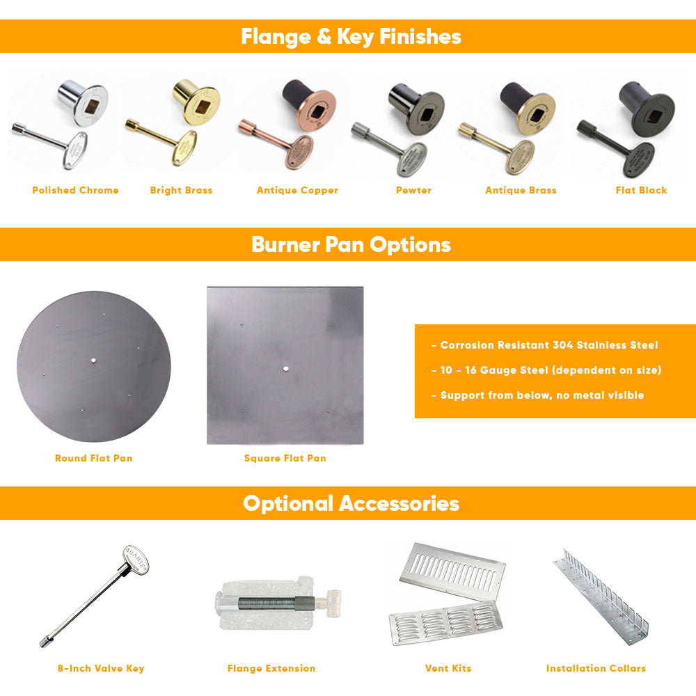 Burner pan and flange finishes chart with accessory parts shown