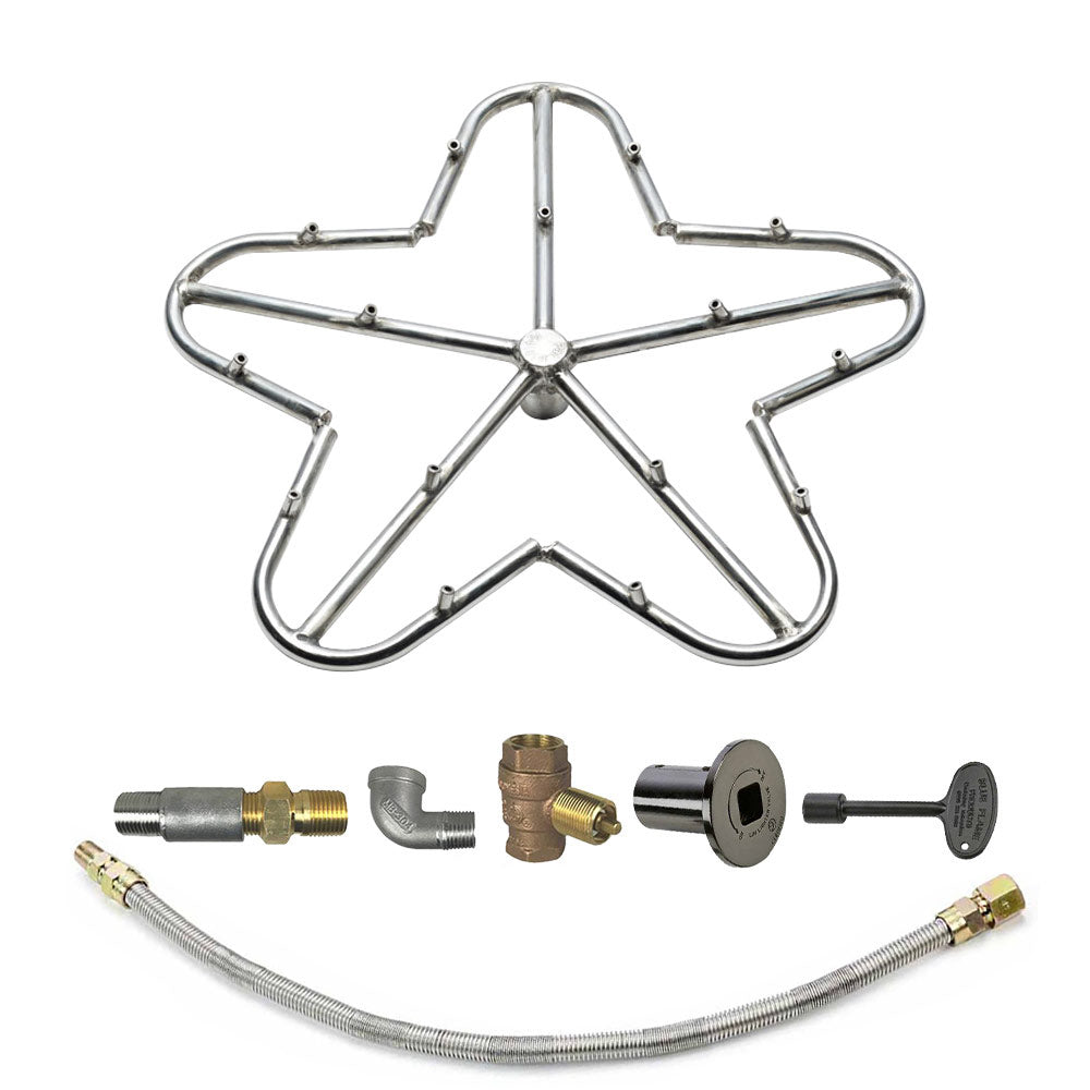 Spotix penta match-lit burner kit with star-shaped stainless burner, black burner cap, brass hose