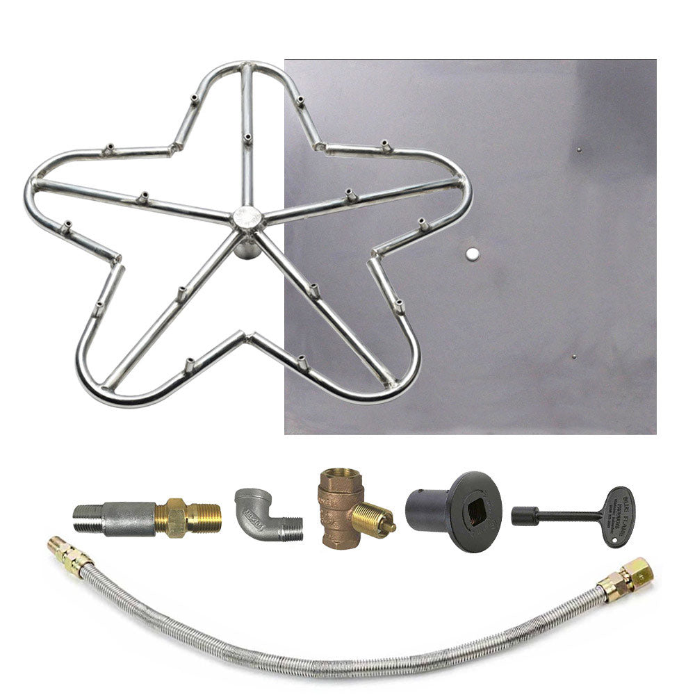 Spotix Penta fire pit burner torpedo kit with dark burner plate, hose, and gas connectors