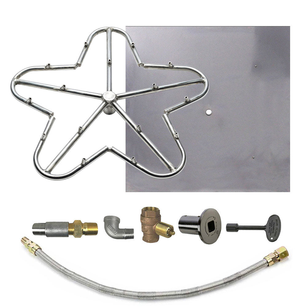 Spotix Penta fire pit burner kit with dark burner plate, flexible hose, and brass valve piece