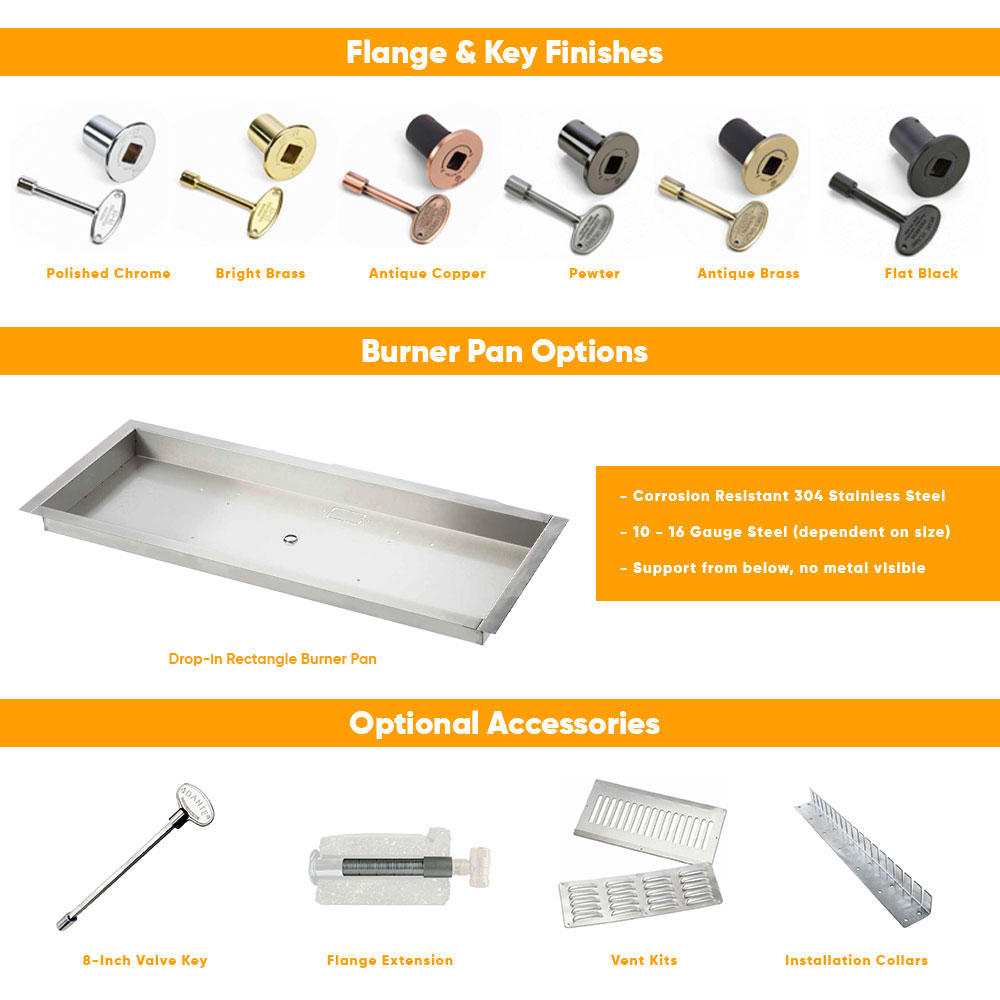 Burner kit guide showing burner pan options and optional accessory diagrams