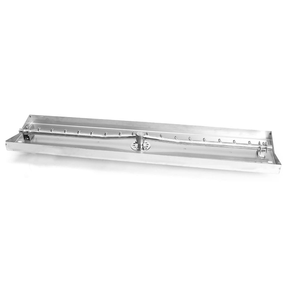 Stainless steel linear burner pan tray with row of adjustment valves