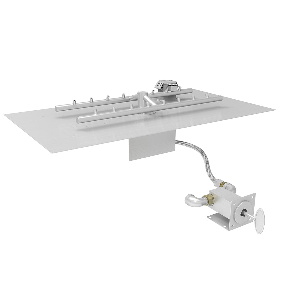 Metal fire pit burner kit with H-shaped manifold, control box, and gas hose