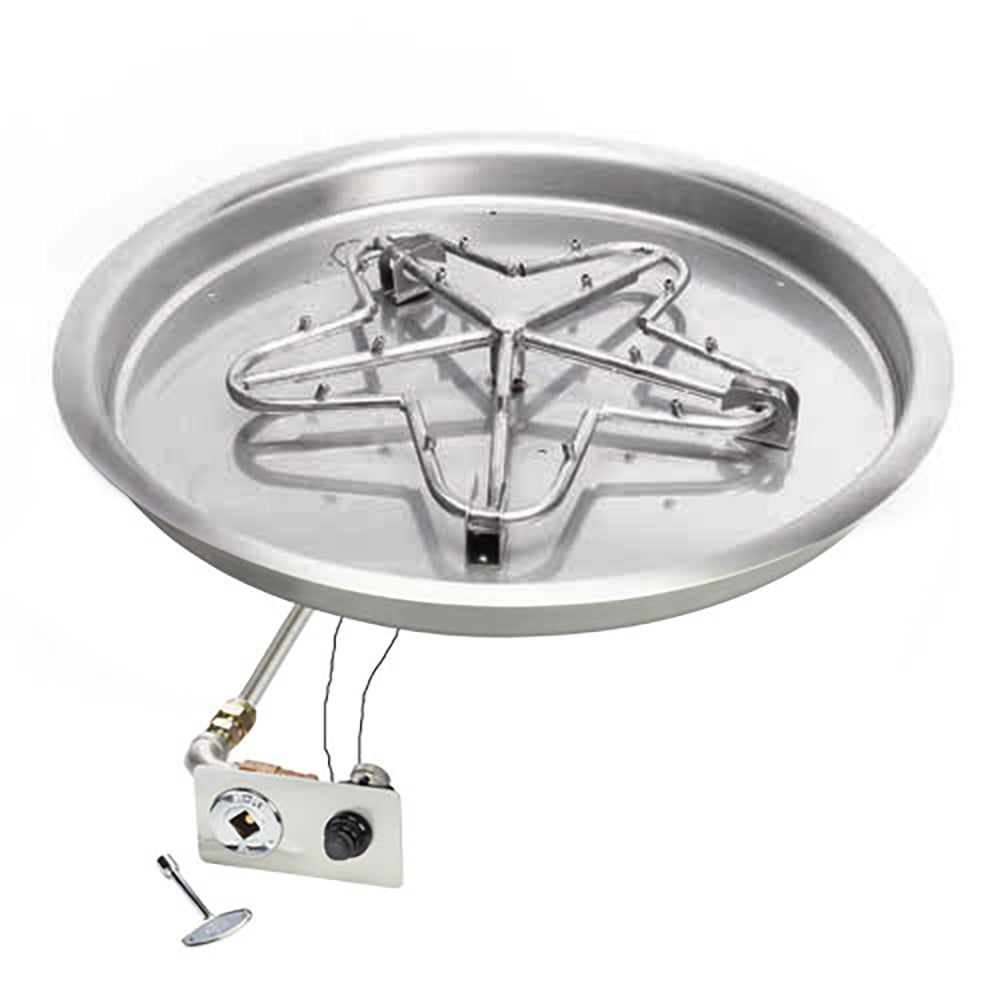 Round metal fire pit burner pan with spark ignition push-button valve control