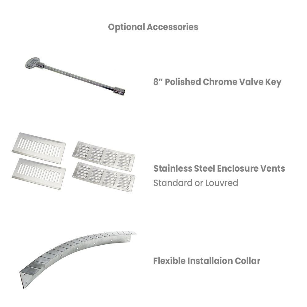 Fire pit kit accessories: polished valve key, stainless vent panels, installation collar
