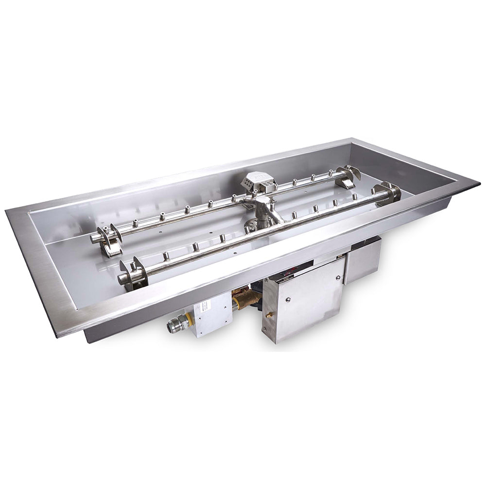 Metal gas fire pit burner kit with H-shaped torpedo burners and rectangular stainless pan
