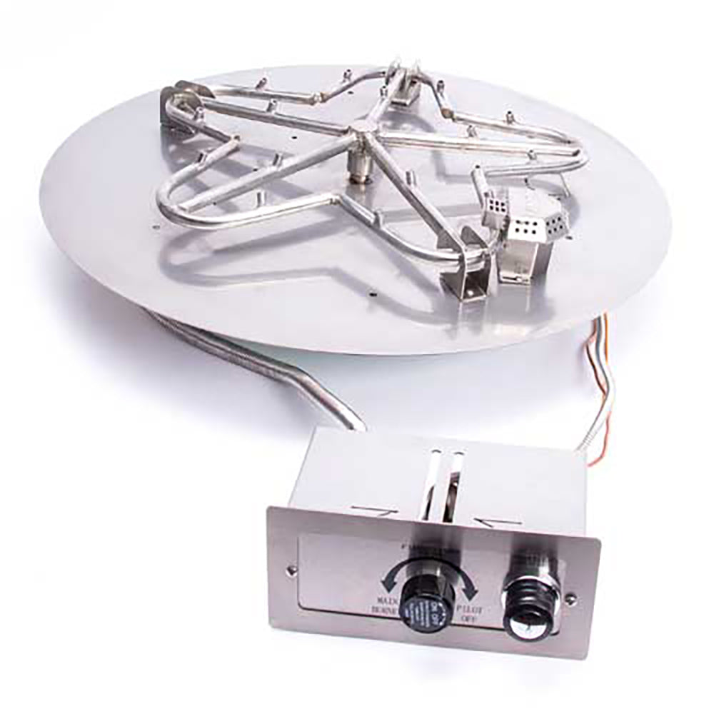 Round metal gas fire pit burner system with torpedo burner and control module