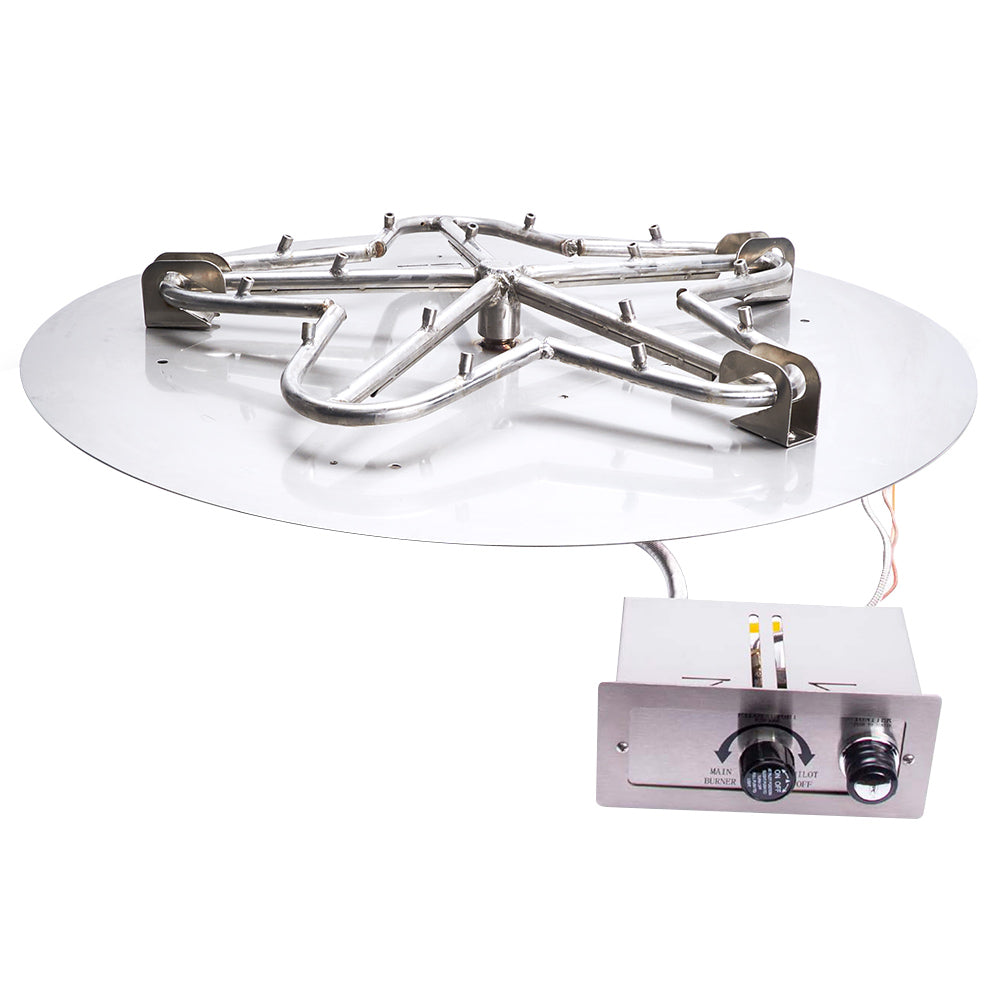 Round metal gas fire pit burner assembly with ignition control box and wiring