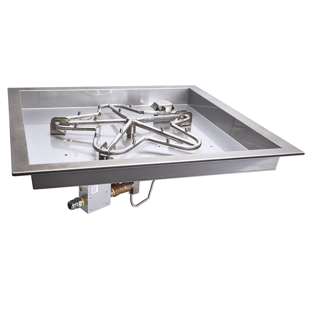 Square metal gas fire pit burner pan with torpedo ignition components, open view