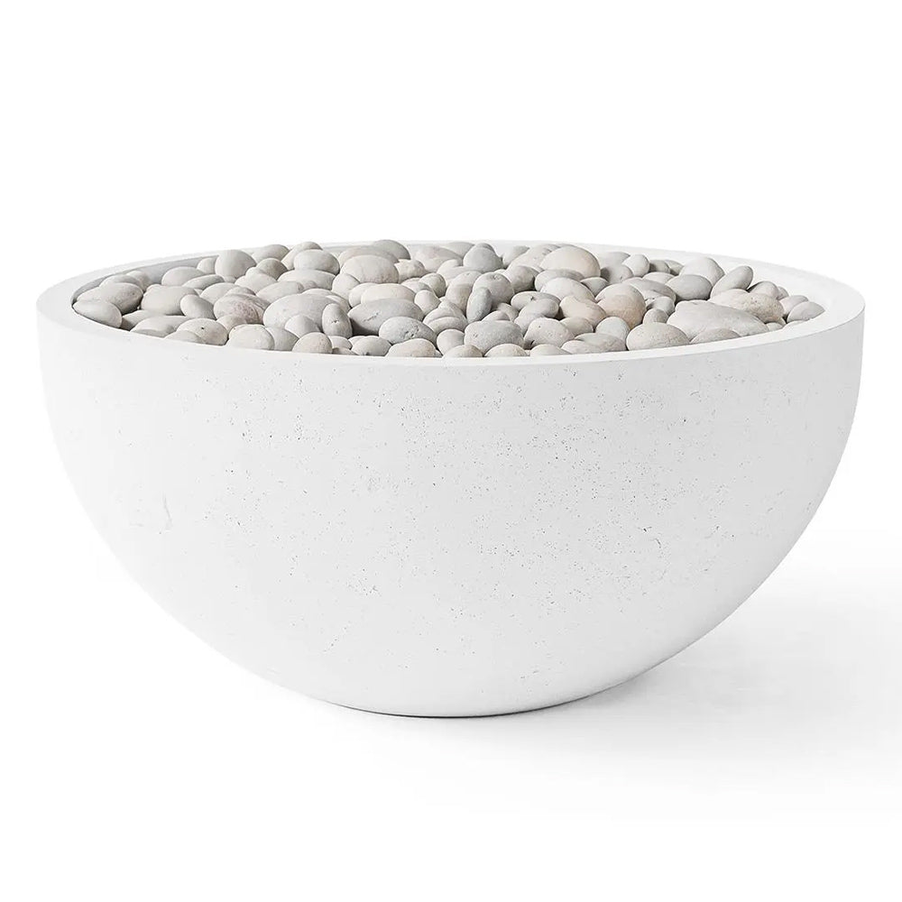 32-inch concrete gas fire bowl with light gray fire stones in a round basin