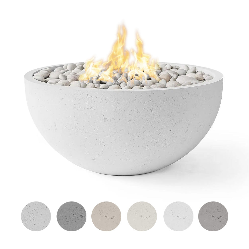 Lightweight concrete gas fire bowl with glowing flames and gray river stones